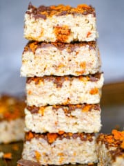 stack of rice krispies with butterfinger candy bar