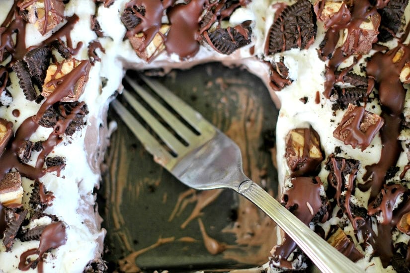 fork in pan with Heavenly Chocolate & Peanut Butter Fluff Dessert