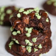 stack of Soft Batch Chocolate Mint Chip Cookies