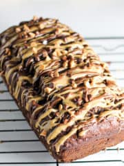 Chocolate Peanut Butter Banana Loaf on a baker's rack