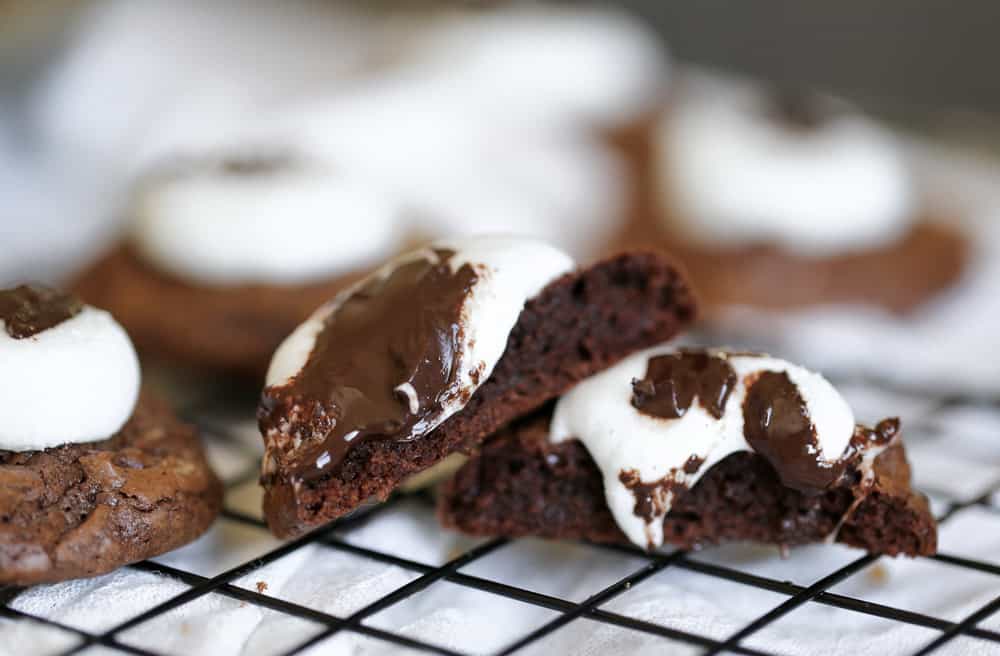 melted chocolate and marshmallow Hot Chocolate Cookies with marshmallow