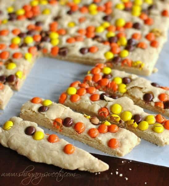 Peanut Butter Reese’s Pieces Shortbread Bars  @ Shugary Sweets