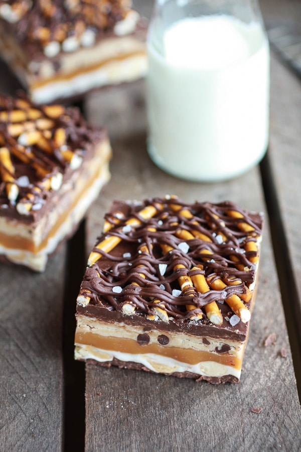 Salted Pretzel Chocolate Chip Cookie Dough Snickers Bars @ Half Baked Harvest