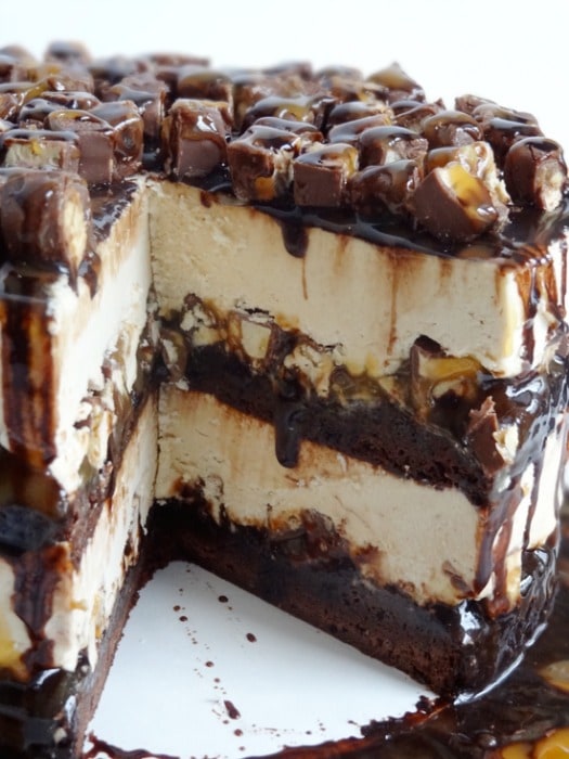 Snickers Peanut Butter Brownie Ice Cream Cake @ Life, Love & Sugar