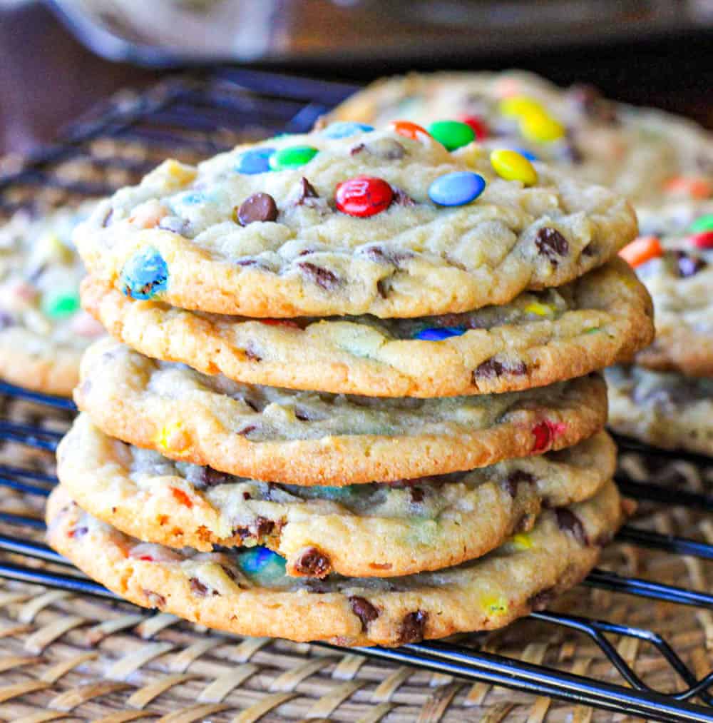 soft batch m&m cookies stack