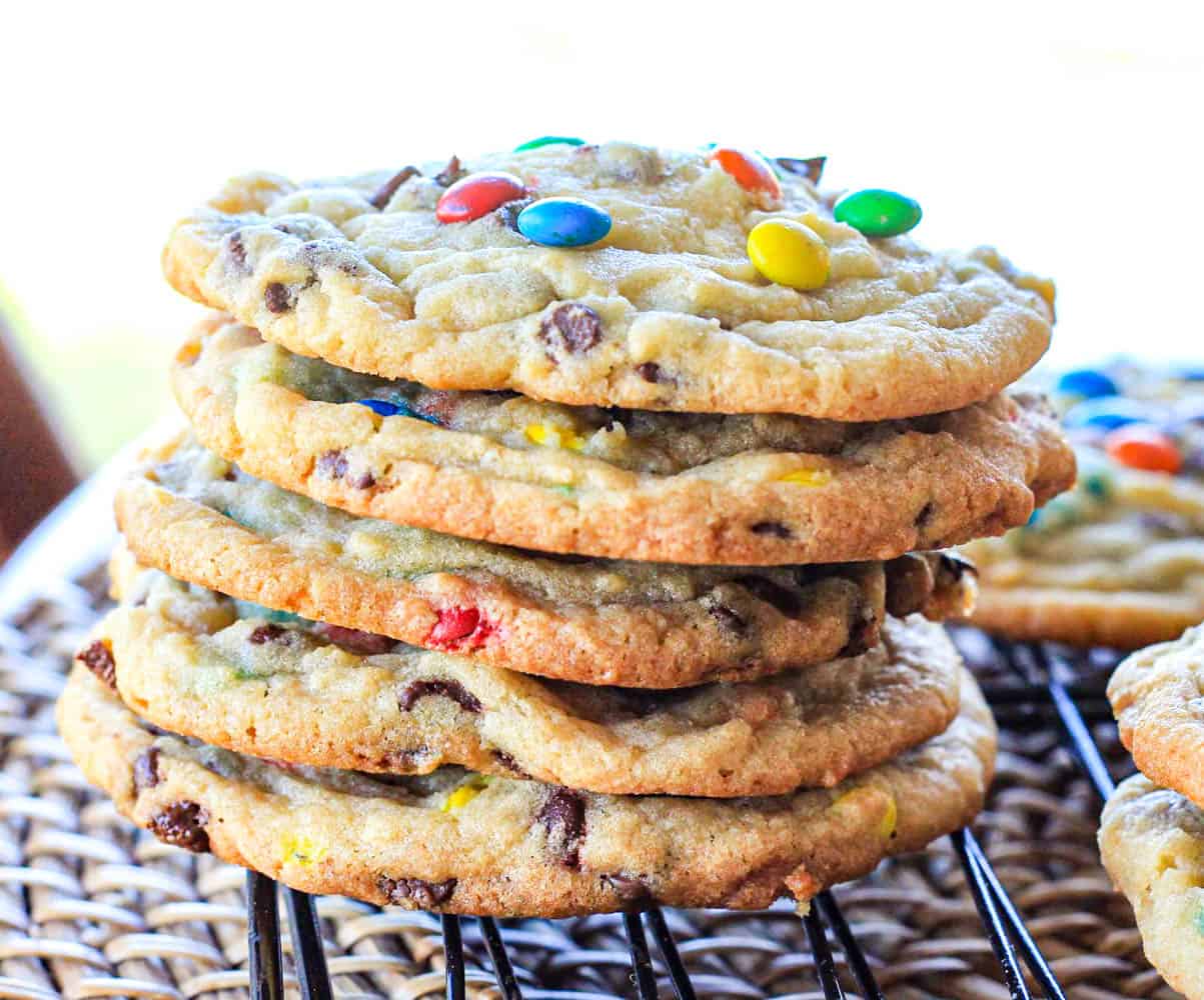 stack of soft batch m&m cookies