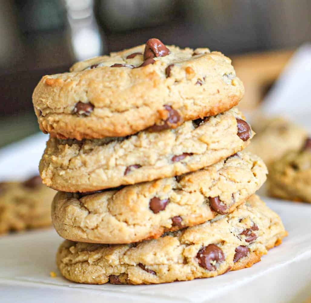 Milk Chocolate Chip Peanut Butter Cookies in a stack