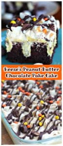 Halloween Reese's chocolate peanut butter poke cake layered dessert
