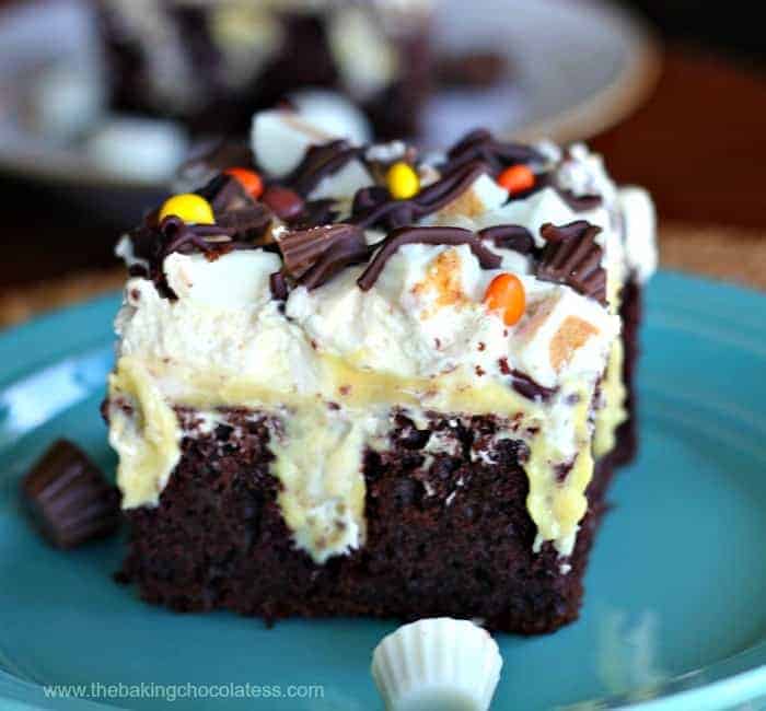 Reese’s Peanut Butter Devil’s Food Chocolate Poke Cake