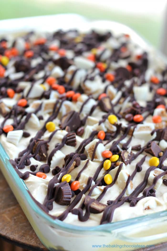Halloween Reese's chocolate peanut butter poke cake layered dessert
