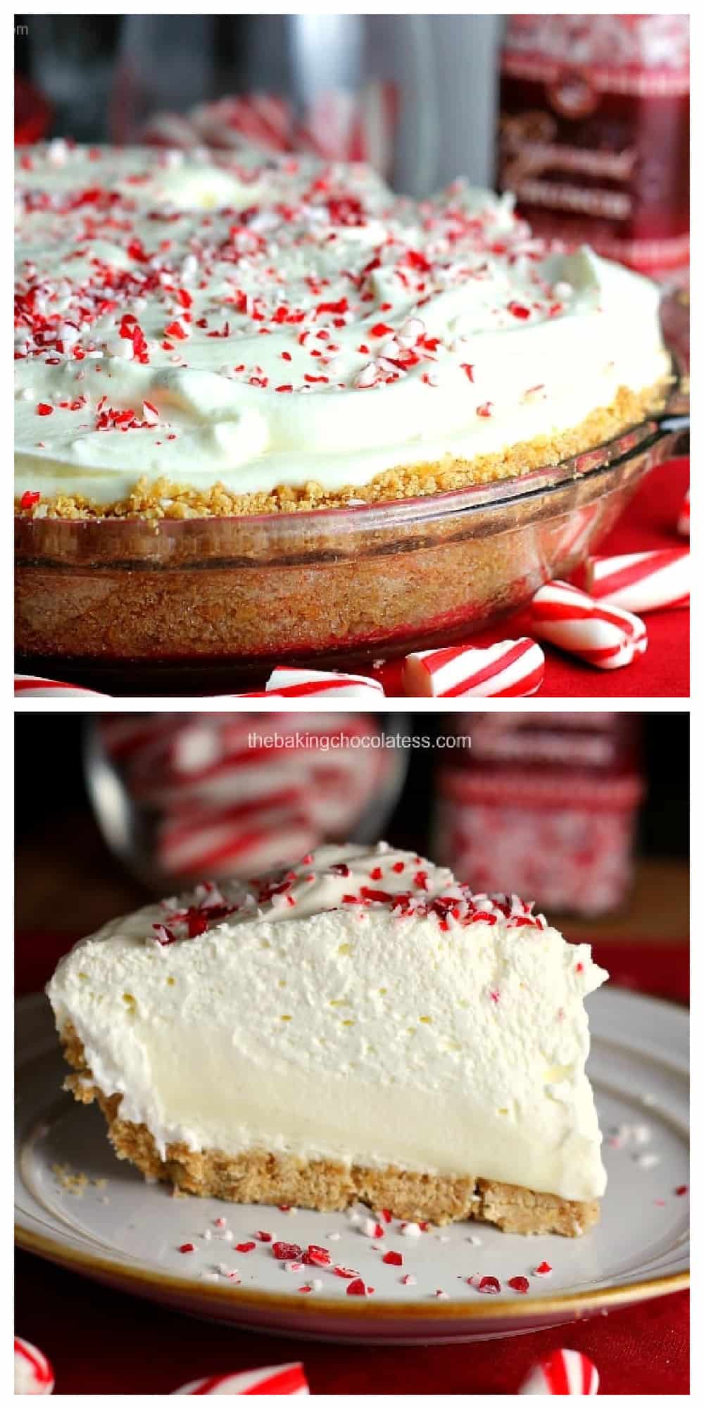 Holiday White Chocolate Peppermint Cheesecake Mousse Pie collage