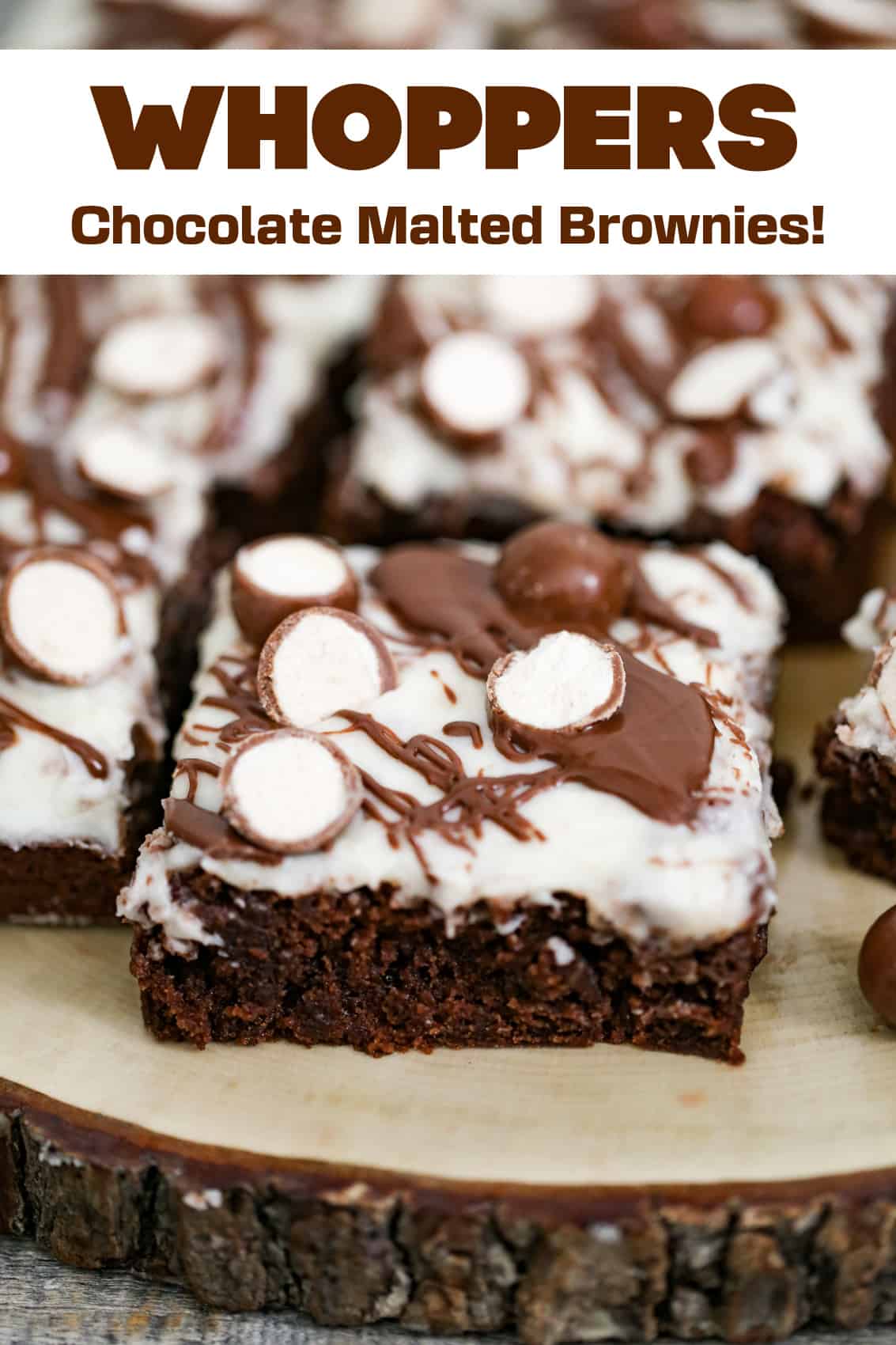 Overhead view of fudgy Whoppers brownies cut into squares with chocolate candy pieces
