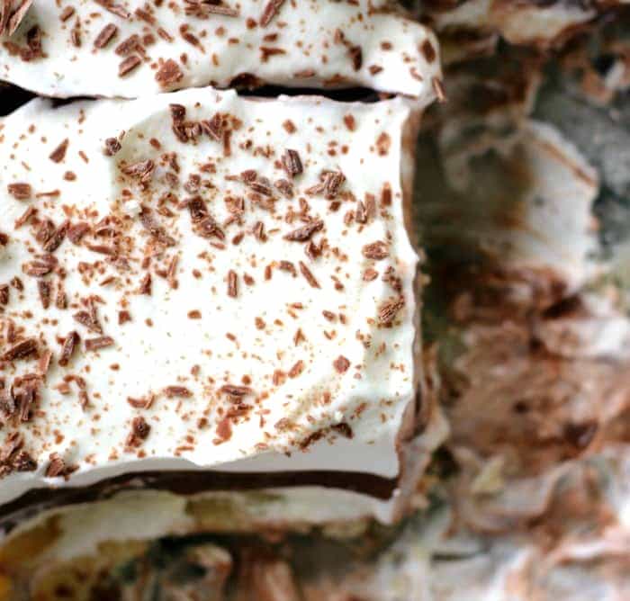 SLICES OF CHOCOLATE DESSERT WITH WHIPPED CREAM AND CREAM CHEESE LAYERS
