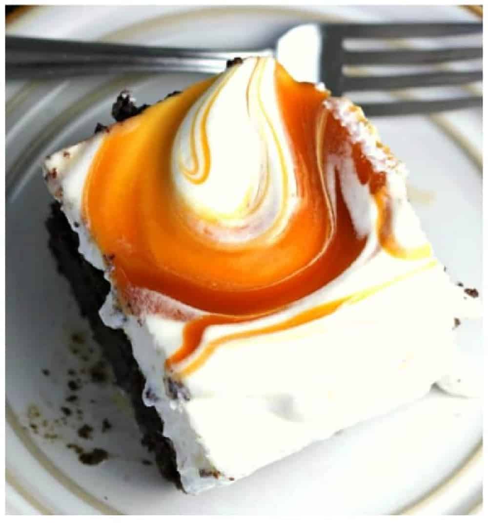 Easy Caramel Cream Chocolate Poke Cake top slice