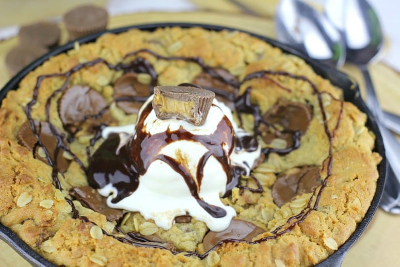 cast iron Peanut Butter Cup Oatmeal Chocolate Chip Skillet Cookie recipe