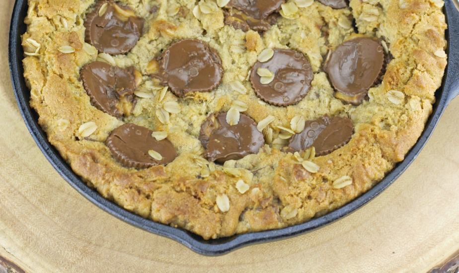 top view of Peanut Butter Cup Oatmeal Chocolate Chip Skillet Cookie