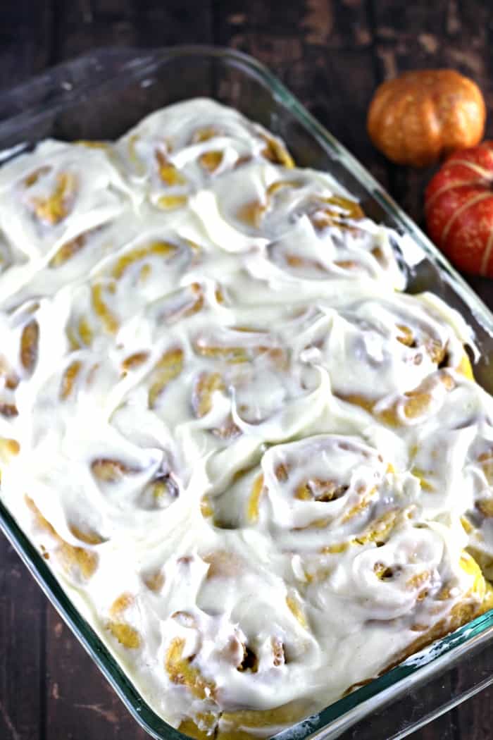 easy homemade Cinnamon Pumpkin Rolls with Cream Cheese Frosting fall baking recipe