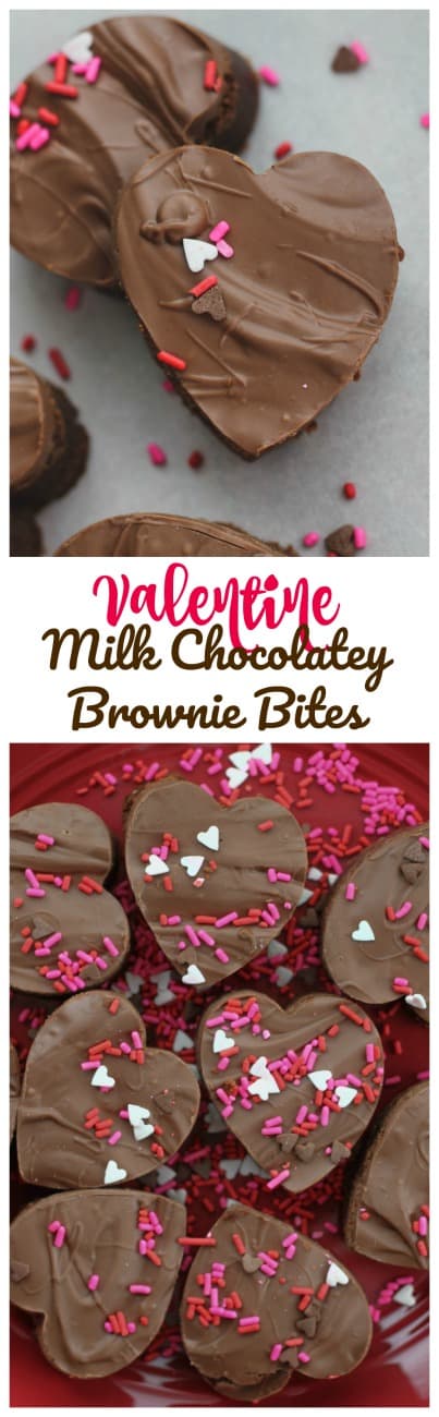 Valentine Milk Chocolatey Brownie Bites - Sinfully, adorable Milk Chocolatey Brownie Bites topped with creamy Milk Chocolate because, it's almost Valentine's Day! #brownies #valentines day #milk chocolate #chocolate