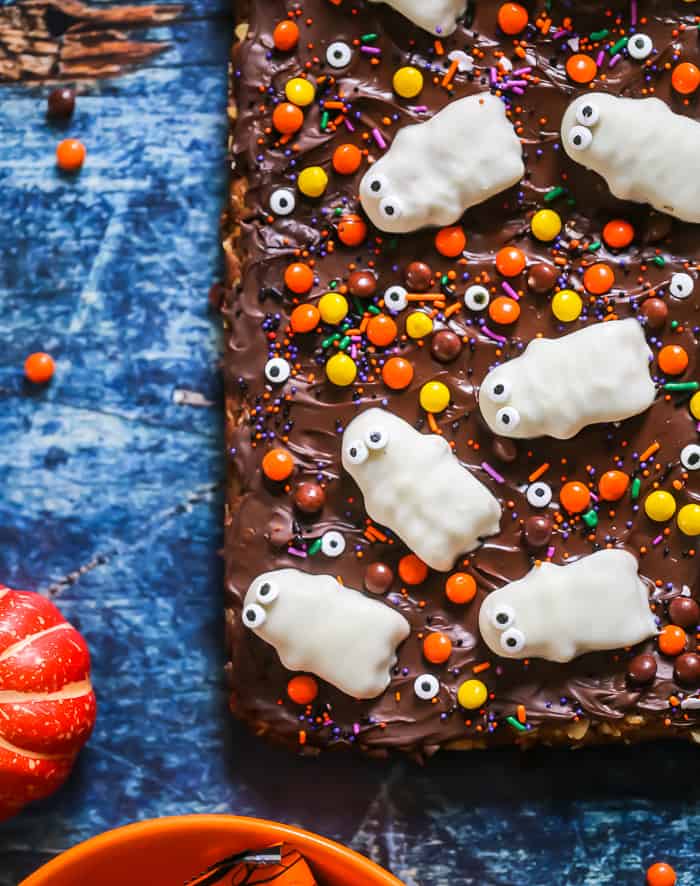 Halloween Reese's Cookie Bars ghosts flourless candy peanut butter chocolate monster cookies recipe