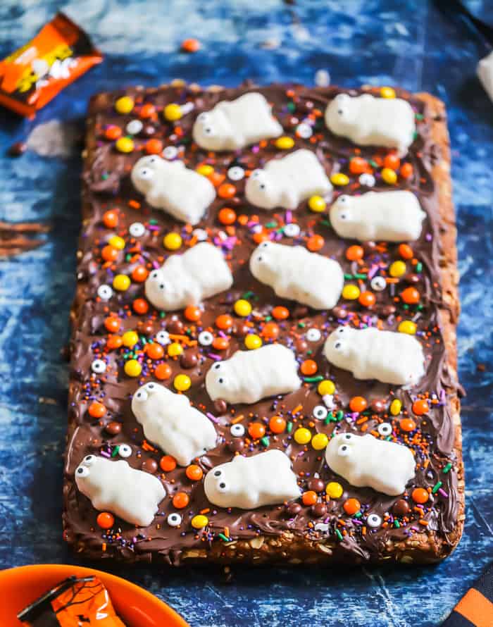 Halloween Reese's Cookie Bars ghosts flourless candy peanut butter chocolate monster cookies recipe