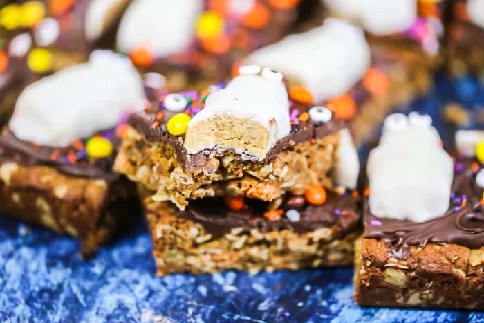 Halloween Reese's Cookie Bars ghosts flourless candy peanut butter chocolate monster cookies recipe
