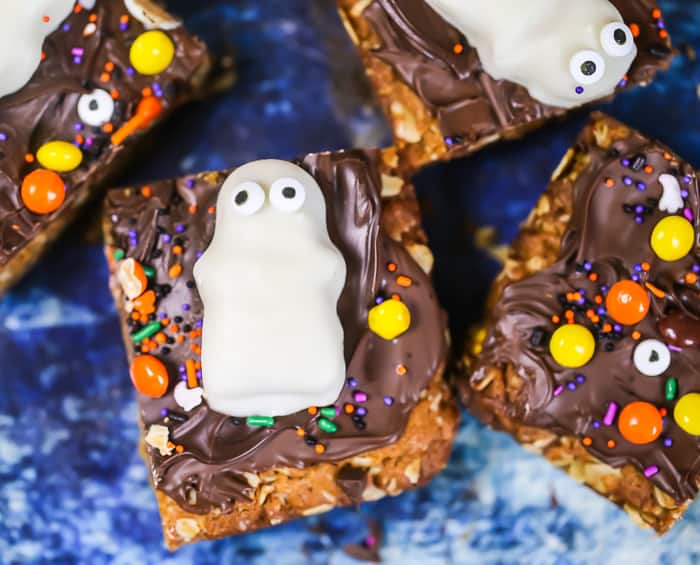 Halloween Reese's Cookie Bars ghosts flourless candy peanut butter chocolate monster cookies recipe