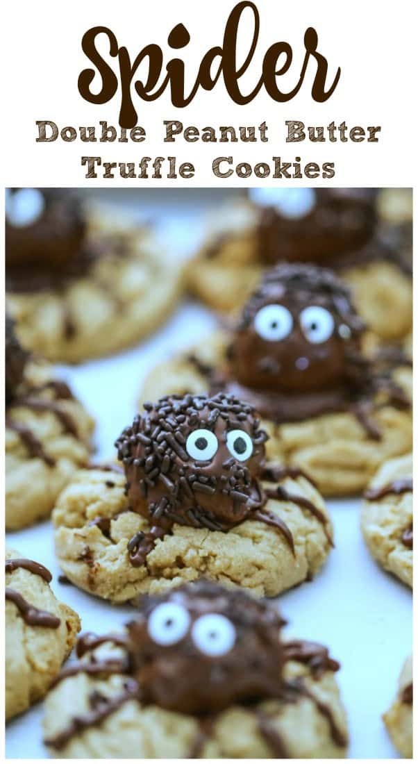 Spider Double Peanut Butter Truffle Cookies - Spider Double Peanut Butter Truffle Cookies - Soft and thick peanut butter cookies stuffed with phat spiders made of chocolate covered peanut butter truffles. #truffles #peanut butter #halloween #spiders #cookies #chocolate