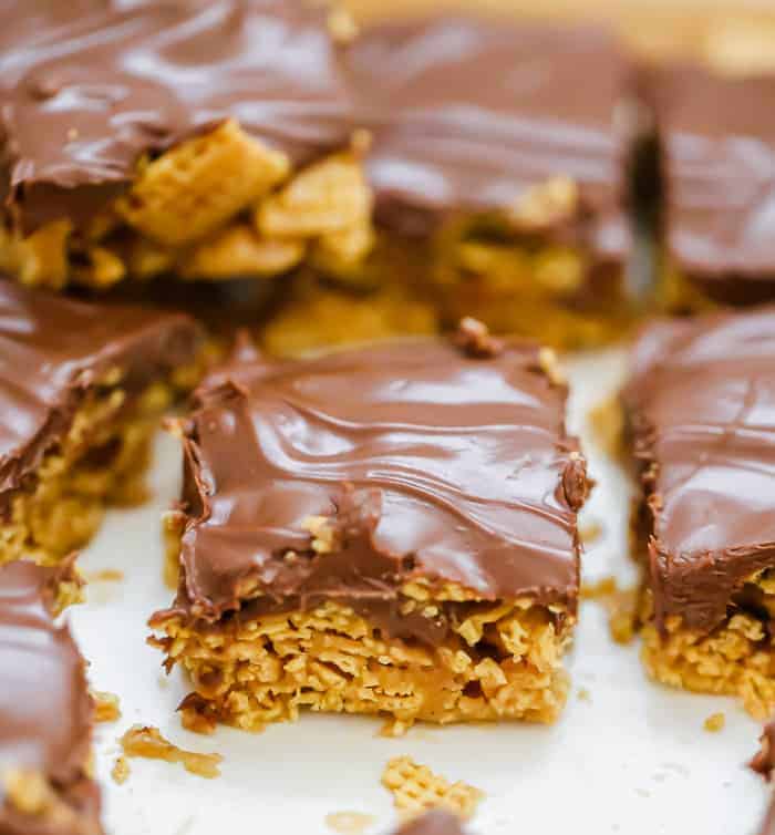 OMG Honey Chex Chocolate Peanut Butter Bars cereal treats recipe