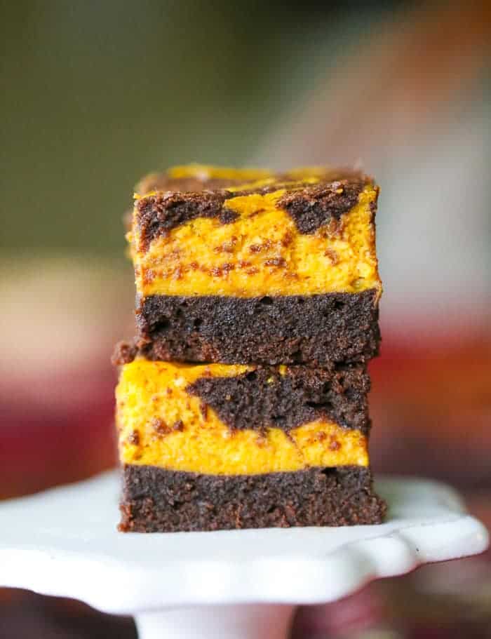 chocolate brownies with pumpkin cheesecake stack