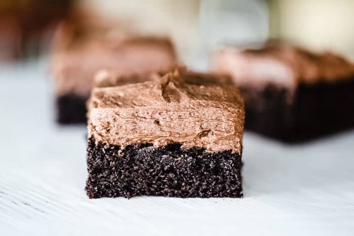 up close photo of a square of chocolate cake that meets the requirements of a keto diet