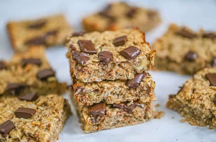 Healthy baked oatmeal bars with banana and peanut butter sliced into neat squares