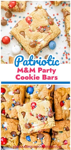 Patriotic M&M Party Cookie Bars -red white and blue desserts