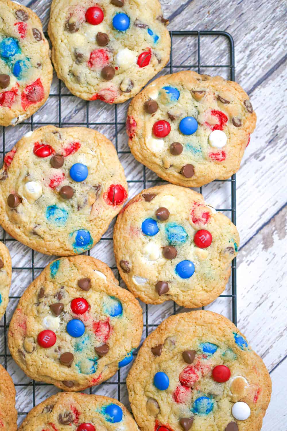 Best Red White and Blue M&M Chocolate Chip Cookies on baking rack red white and blue cookies m&m