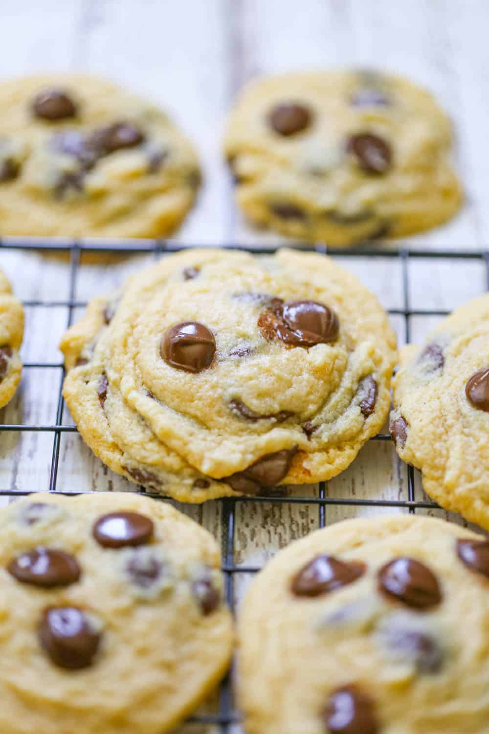 Homemade easy recipe for Chocolate Chip Pudding Cookies on  wire rack
