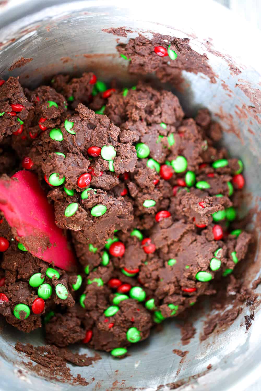 best Chocolate Snowball Cookie recipe with festive m&ms and powdered sugar