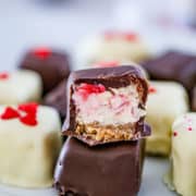 middle inside view of Chocolate Covered Strawberry Cheesecake Bites