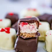 middle inside view of Chocolate Covered Strawberry Cheesecake Bites