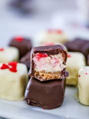 middle inside view of Chocolate Covered Strawberry Cheesecake Bites