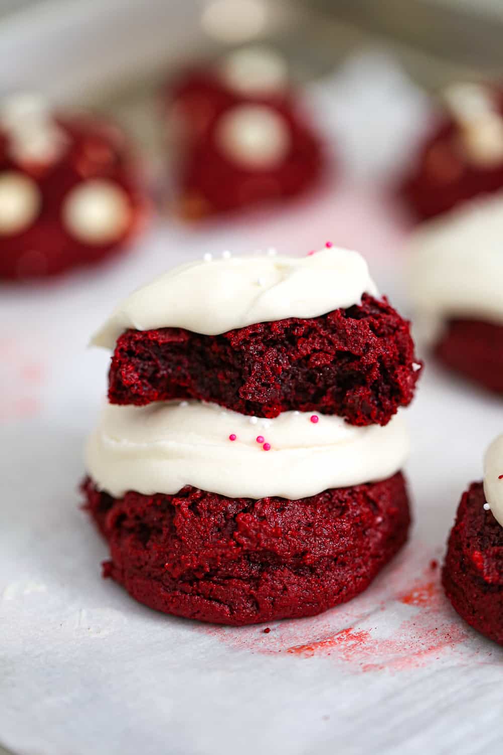 Red Velvet Levain Cookies with cream cheese frosting
