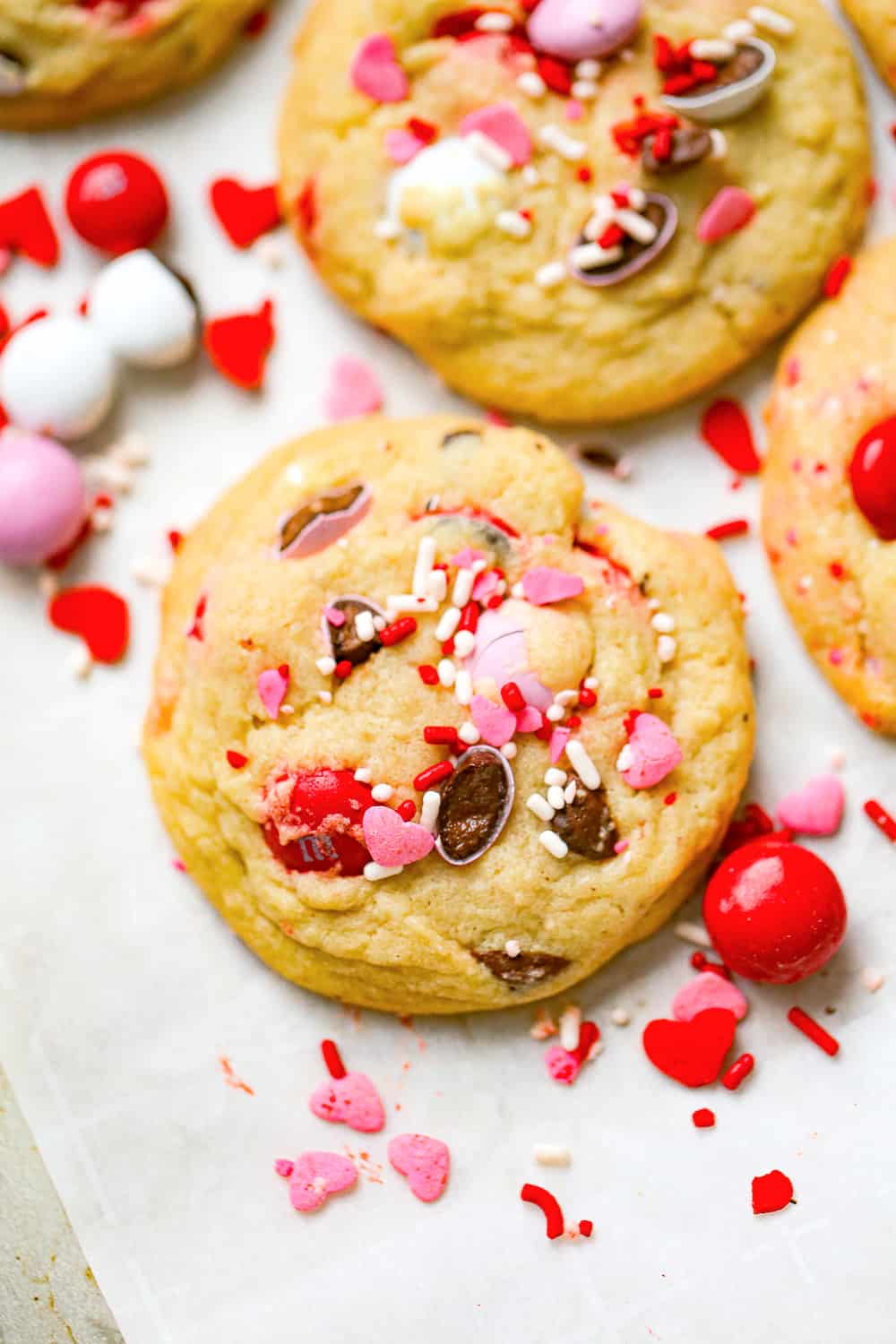 Valentine's Day M&M Cookies recipe red, pink and white chocolate candies
