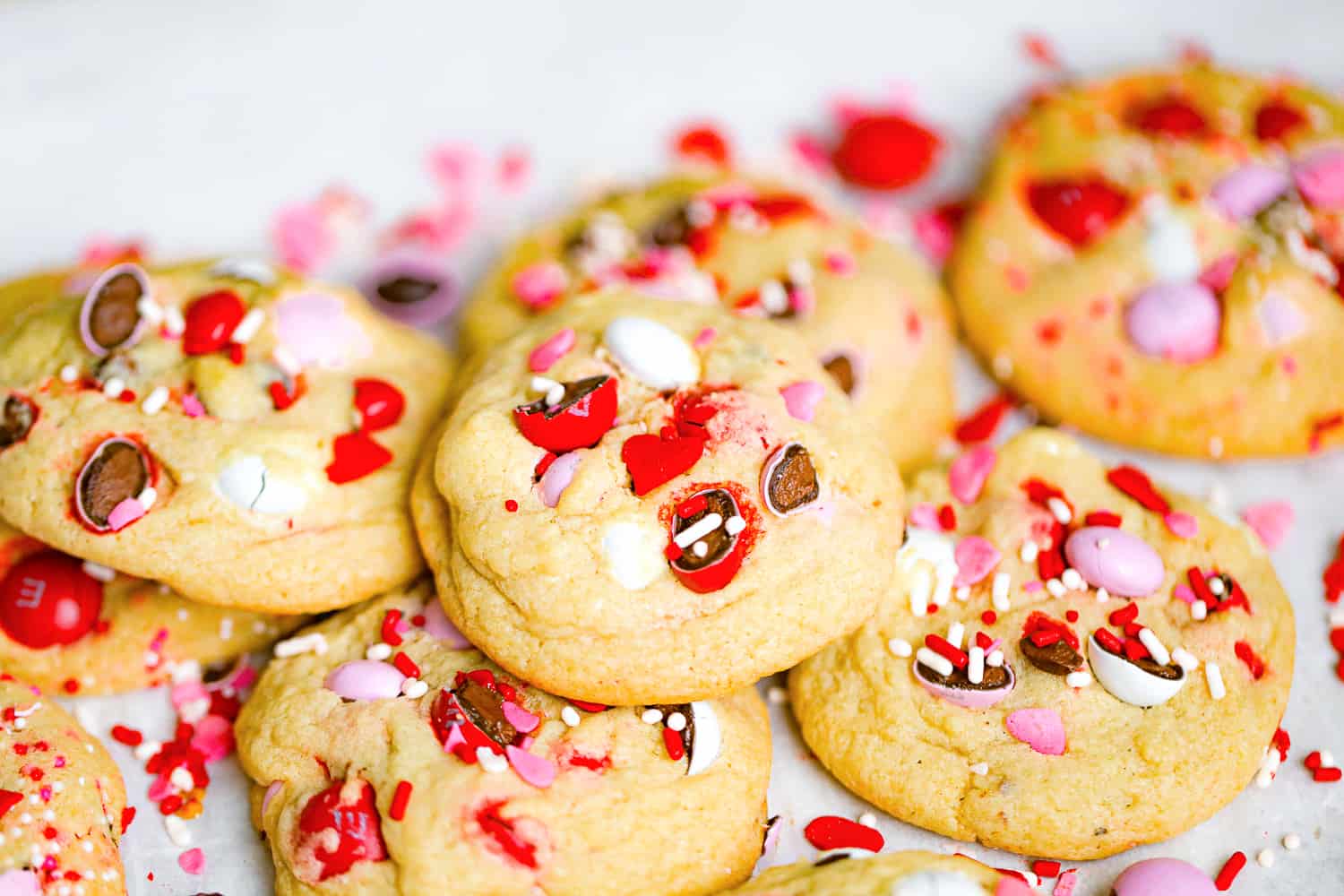 Valentine's Day M&M Cookies recipe red, pink and white chocolate candies