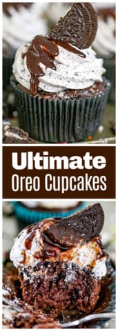 We frosted these fancy chocolate cupcakes (with chopped Oreos inside) with a simple, tempting Oreo Vanilla Frosting and we can't forget the Oreo cookie accessory on top with some decadent chocolate sauce!   