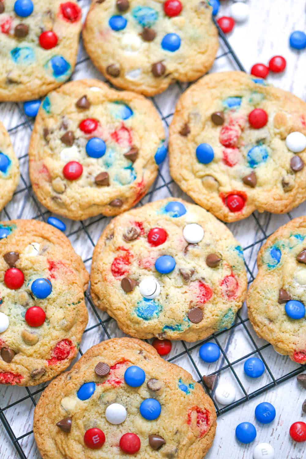 Best Red White and Blue M&M Chocolate Chip Cookies on baking rack