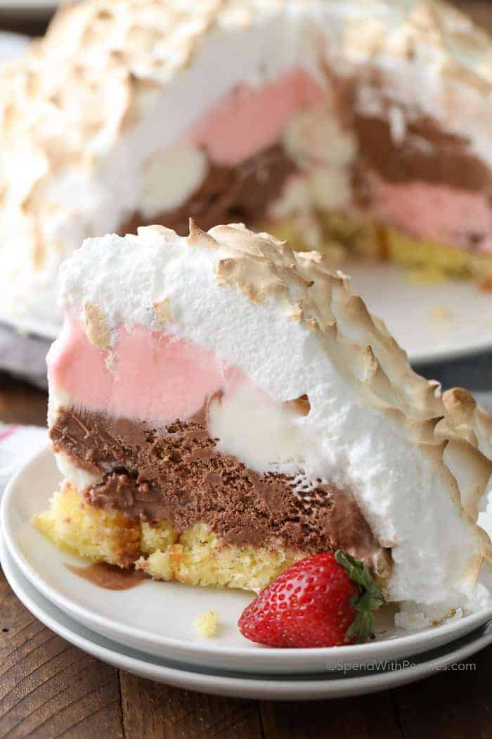 Baked Alaska is easy to make with only 5 ingredients and while it looks fancy, it’s actually really easy! Ice cream & pound cake are wrapped in meringue and baked in a hot oven until the meringue is golden brown, all while keeping the integrity of the frozen ice cream intact!