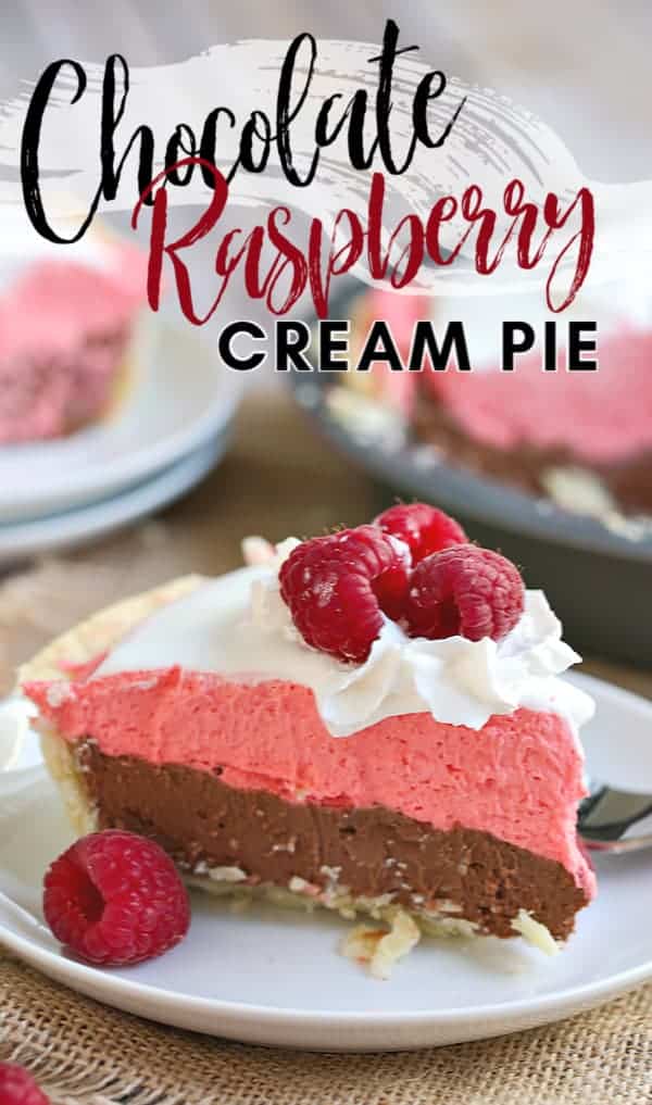 This Chocolate Raspberry Cream Pie features chocolate and raspberry layers that taste like cheesecake. Topped with whipped cream and fresh raspberries, this is one dessert recipe that stands out!