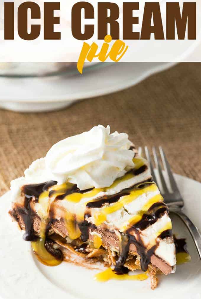Ice Cream Pie is the perfect summertime treat, birthday cake, or dessert to serve up to guests. A waffle cone crust that is filled with smooth and creamy ice cream, nuts, a drizzle of chocolate and topped with whipped cream. 
