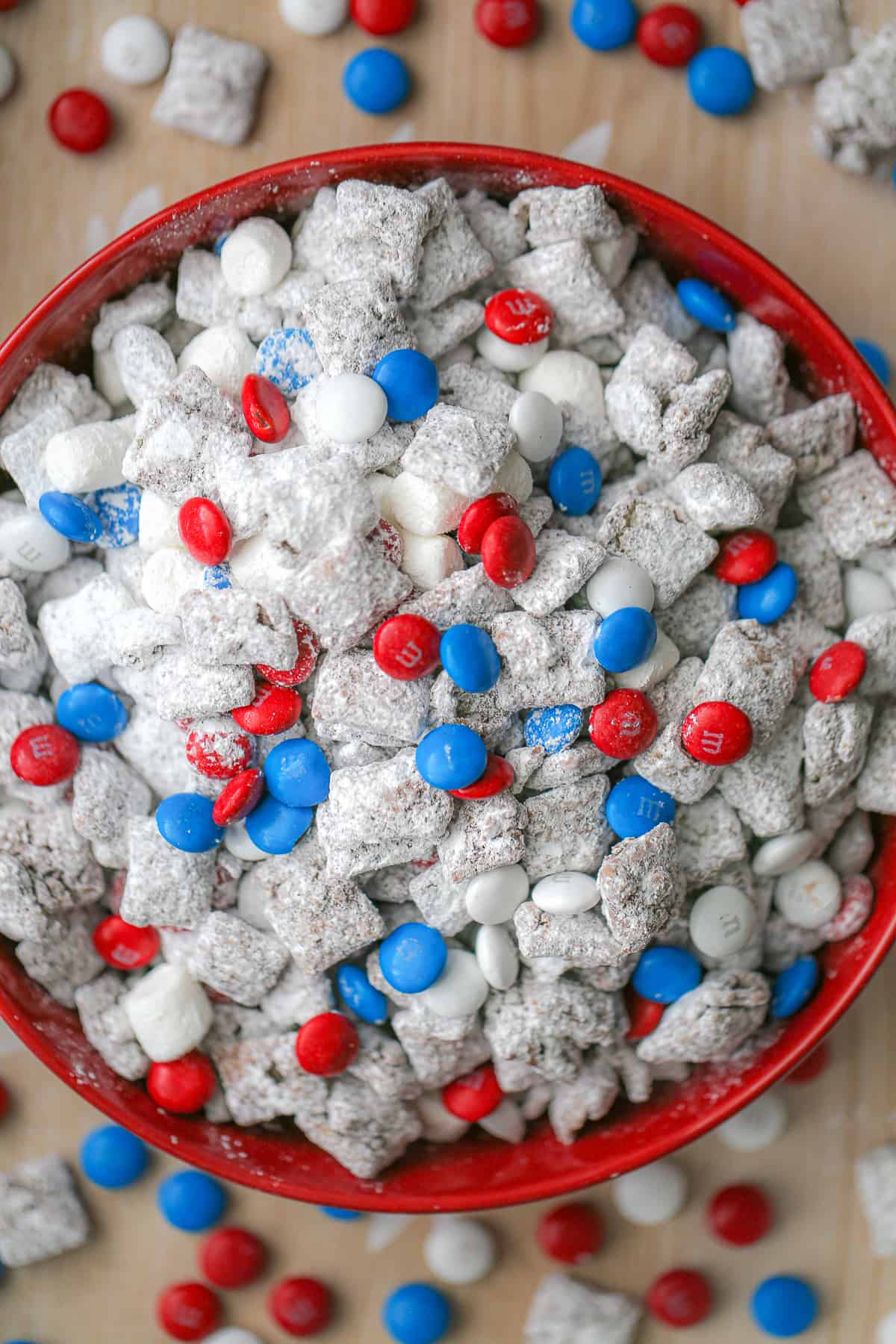 Red White & Blue Puppy Chow in a bowl