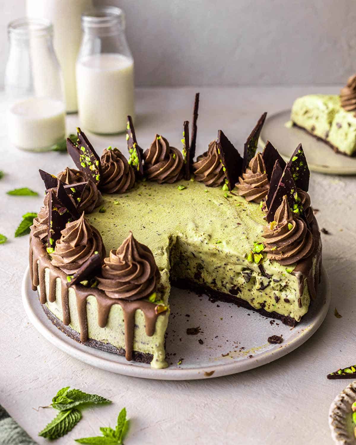 No bake vegan mint chocolate ice cream cake with a chocolate cookie crust! This fun and refreshing cake is perfect for celebrations or when you need an easy cool treat. You only need 3 ingredients and 30 minutes to prepare this cake!