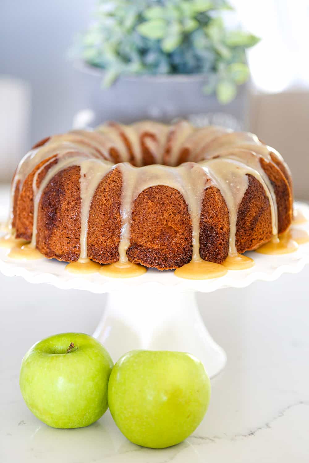 Caramel Apple Bundt Cake on cake plate