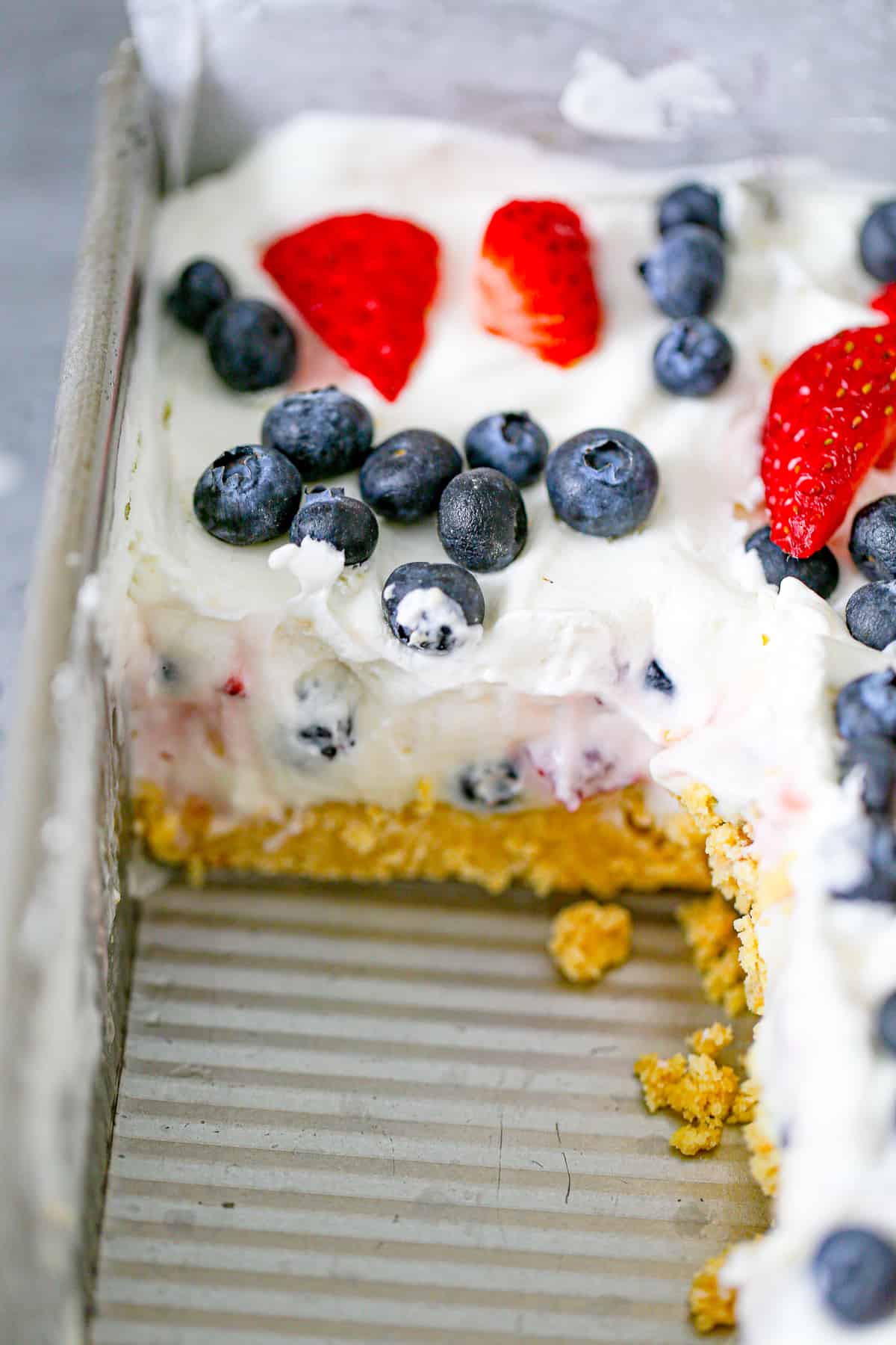 creamy dessert in a pan with fruit
